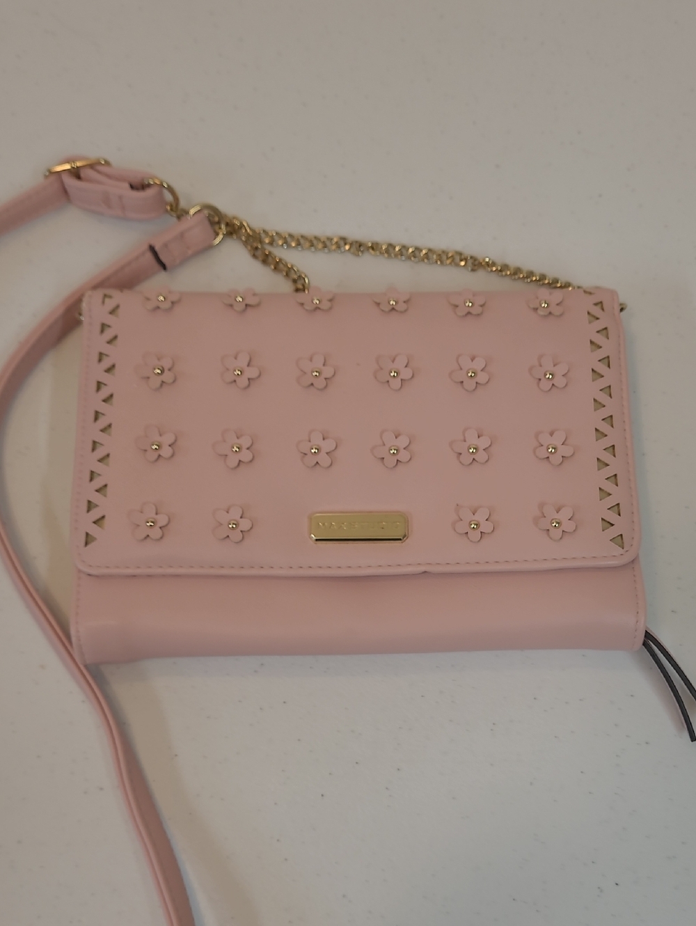 Max Studio Pink Floral Appliqué Crossbody Bag with Gold Chain